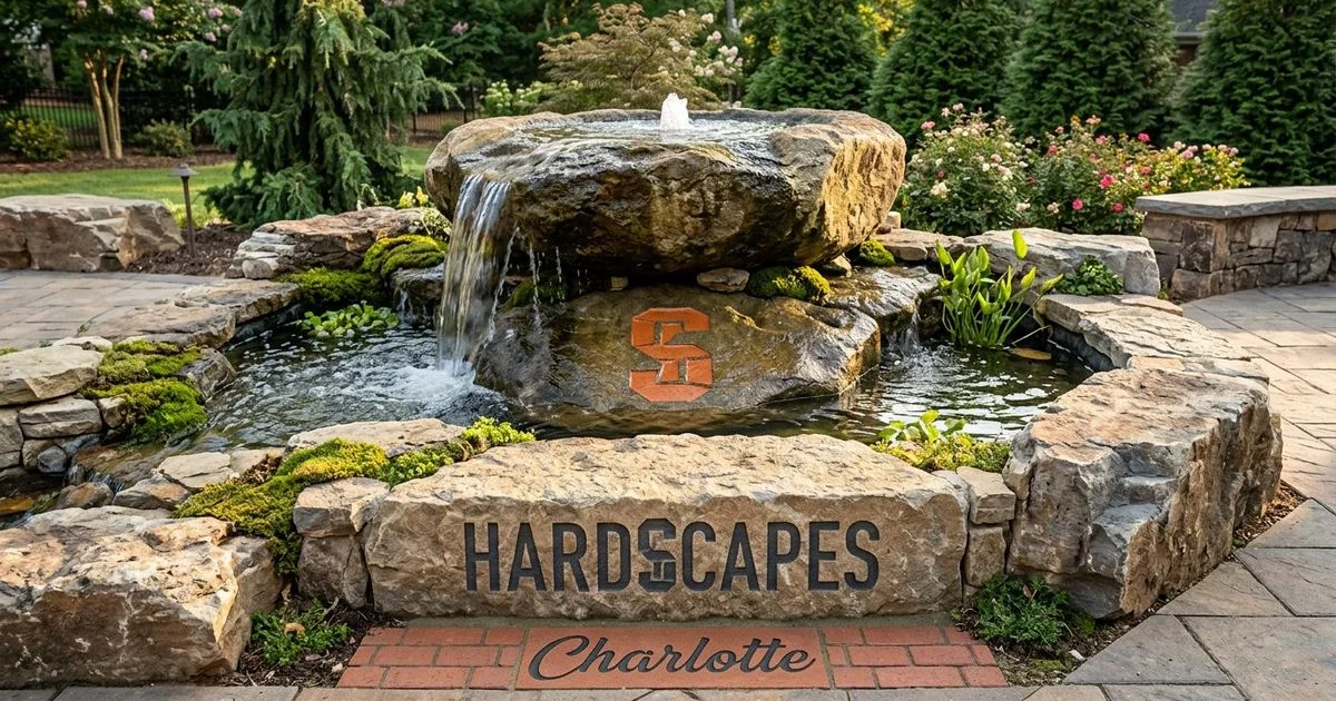 Custom natural stone water feature with cascading waterfall in Charlotte NC landscape