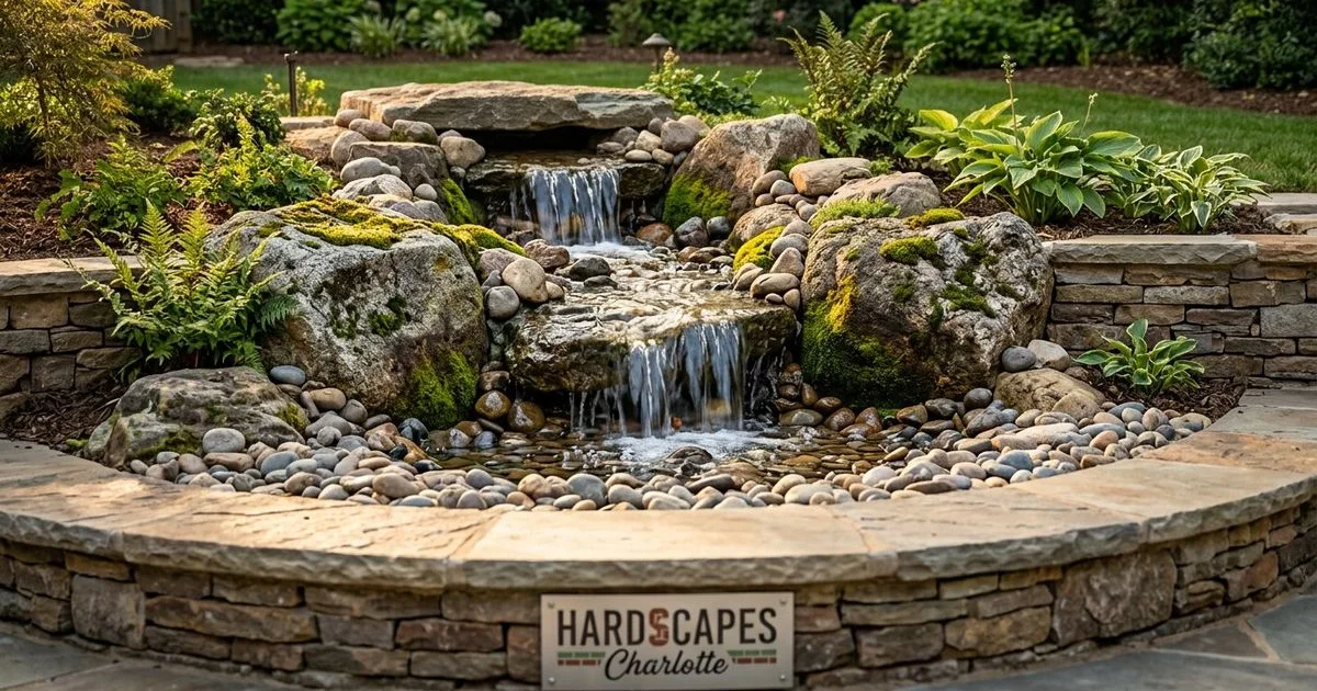 Natural stone pondless waterfall cascading through lush Charlotte NC landscape