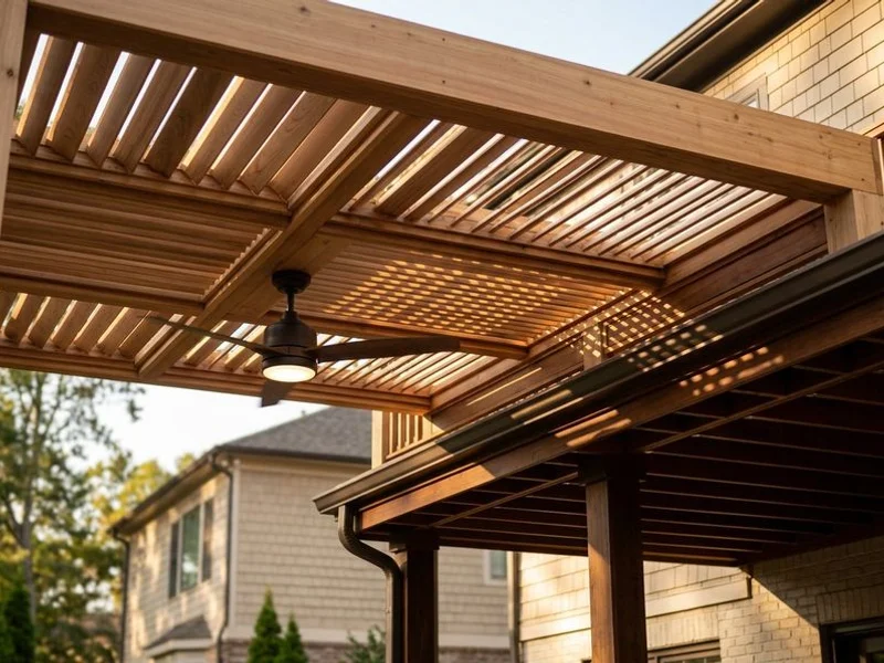 Elevated hardwood deck with attached pergola and outdoor furniture
