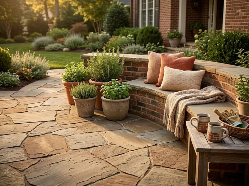 Flagstone patio with built-in seating wall in Charlotte backyard