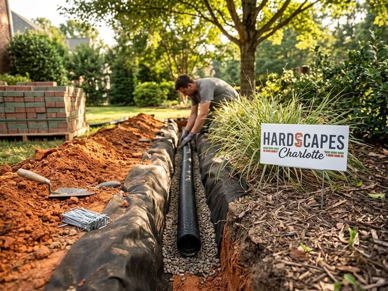 French drain installation in progress on Charlotte property