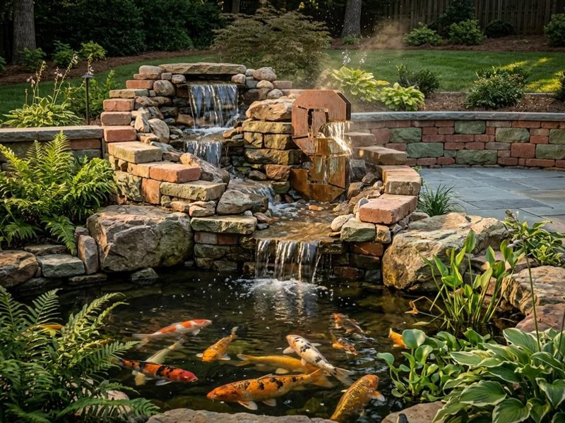 Koi pond with integrated waterfall and lush plantings