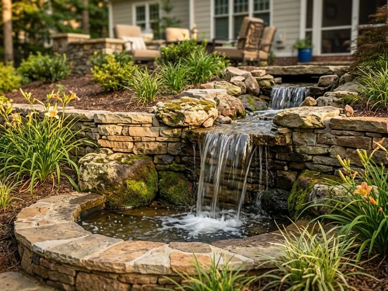 Natural stone waterfall cascading into garden pool in Charlotte