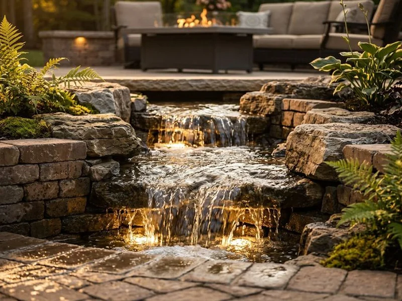 Water feature with color-changing underwater lighting