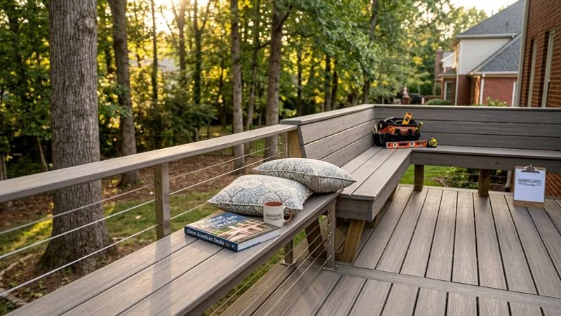 Beautiful completed composite deck with cable railings and integrated bench seating overlooking a wooded Charlotte backyard