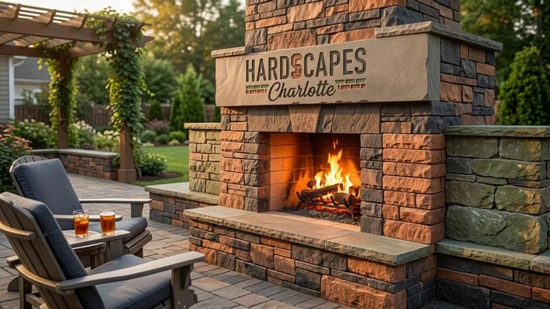 Custom stone outdoor fireplace with chimney and flanking walls with built in wood storage on a Charlotte patio