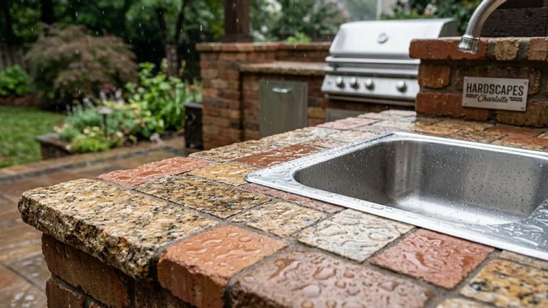 Close-up of durable outdoor kitchen countertop materials and stainless steel fixtures designed for Charlotte weather conditions