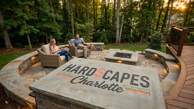 Elevated stone patio with panoramic views of a wooded Charlotte backyard featuring comfortable outdoor furniture and landscape lighting