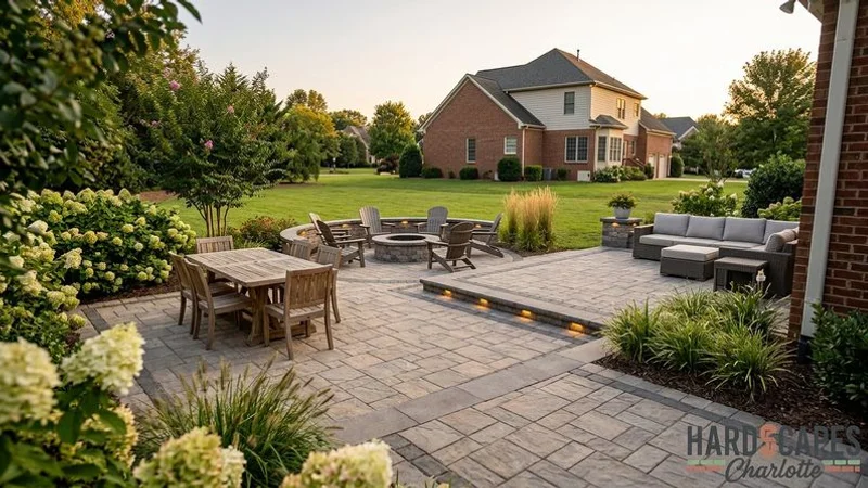 Expansive paver patio with multiple zones including dining fire pit and lounging areas flowing from a Charlotte home into the backyard