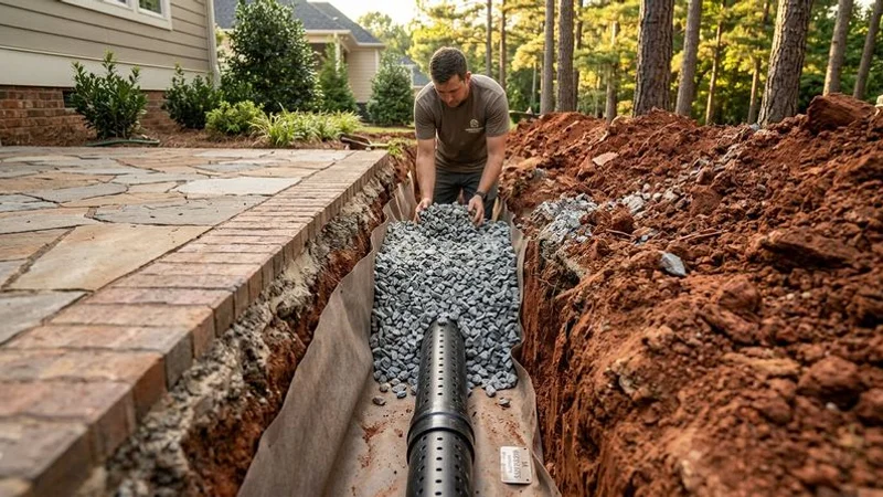 French drain installation alongside a patio edge in Charlotte red clay soil showing proper gravel bedding and drainage pipe