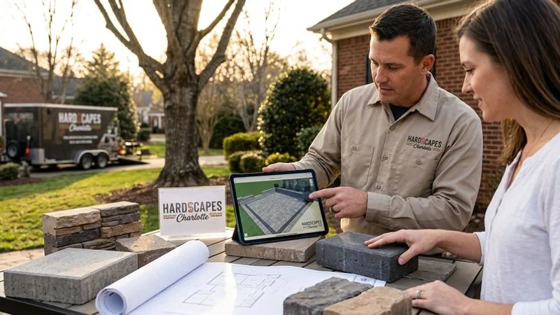 Professional hardscape contractor reviewing detailed patio design with 3D rendering and material samples in Charlotte office