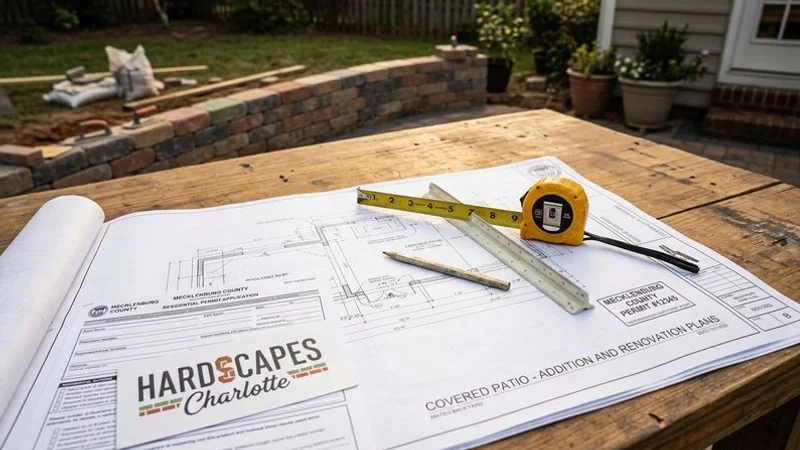 Mecklenburg County building permit application documents alongside architectural plans for a covered patio project