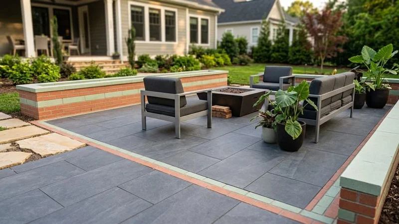 Modern porcelain paver patio with clean lines and contemporary outdoor furniture in an upscale Charlotte neighborhood