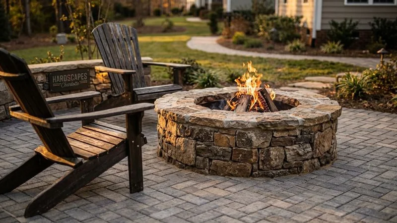 Natural stone fire pit surrounded by Adirondack chairs on a paver patio in a Charlotte backyard at twilight
