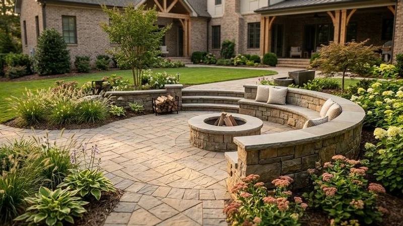 Elegant natural stone patio with fire pit and seating wall surrounded by mature landscaping