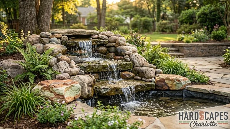 Natural stone waterfall flowing into a landscaped pond surrounded by ferns and ornamental grasses in a Charlotte backyard