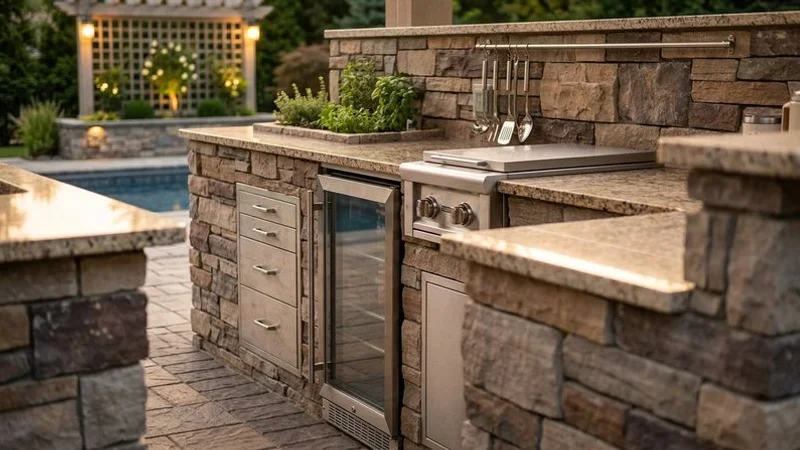 Outdoor kitchen with side burner refrigerator and storage drawers built into stone island on paver patio in Charlotte