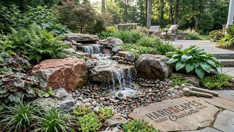 Pondless waterfall cascading over natural boulders into a gravel basin surrounded by ferns and hostas in a Charlotte landscape