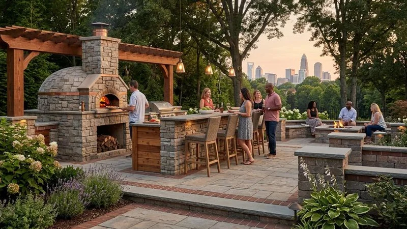 Completed premium outdoor kitchen with pizza oven bar seating and ambient lighting for evening entertaining in Charlotte