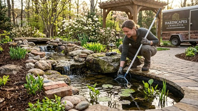 Homeowner performing spring maintenance on a backyard water feature with natural stone and clear flowing water