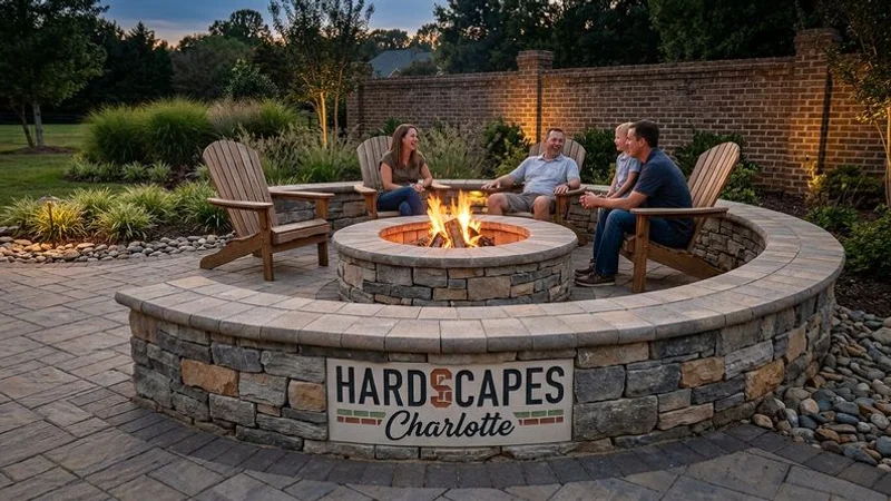 Stone fire pit with surrounding seat wall and Adirondack chairs on a paver patio in a North Carolina backyard at dusk