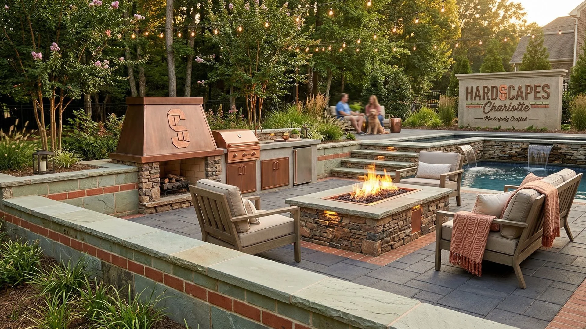 Luxury outdoor living space in Charlotte featuring patio, fire pit, and outdoor kitchen