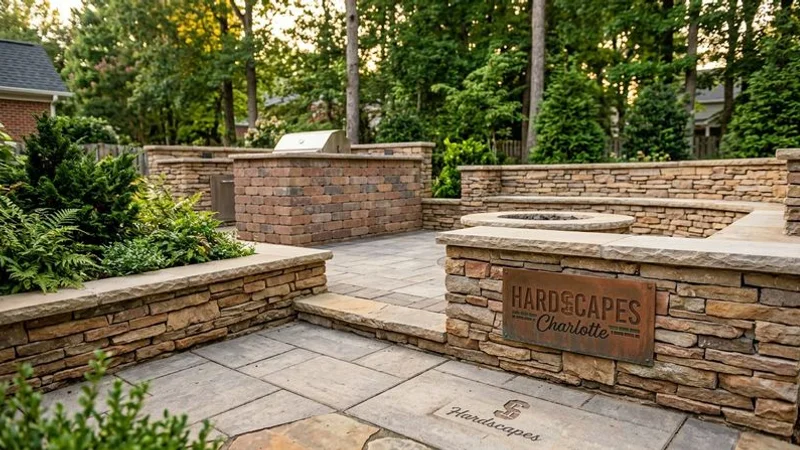 Sunken fire pit design with stone retaining walls and built-in bench seating surrounded by lush landscaping