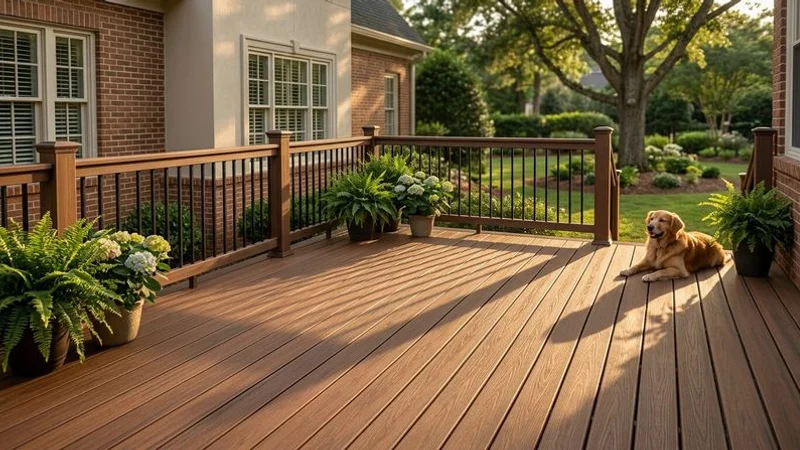 Installed TimberTech composite deck with matching railing system showing warm brown tones against Charlotte home exterior